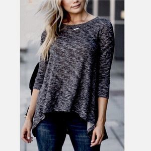 Grey Knit Marled Hacci Sidetail 3/4 Sleeve